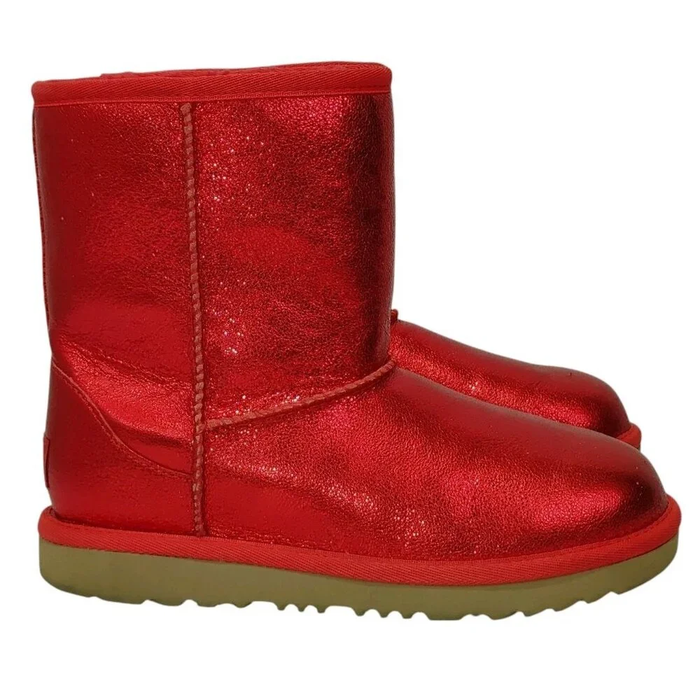 UGG Classic II Red Metallic Sparkle Leather Winter Boots Kids Size 3